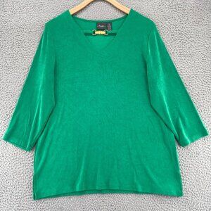 Chicos Top Womens 2 US Large Green Travelers Classic Bamboo Trim 3/4 Sleeve Knit